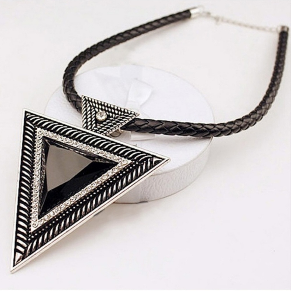 Silver Rhinestone Pendant Braided Leather Necklace